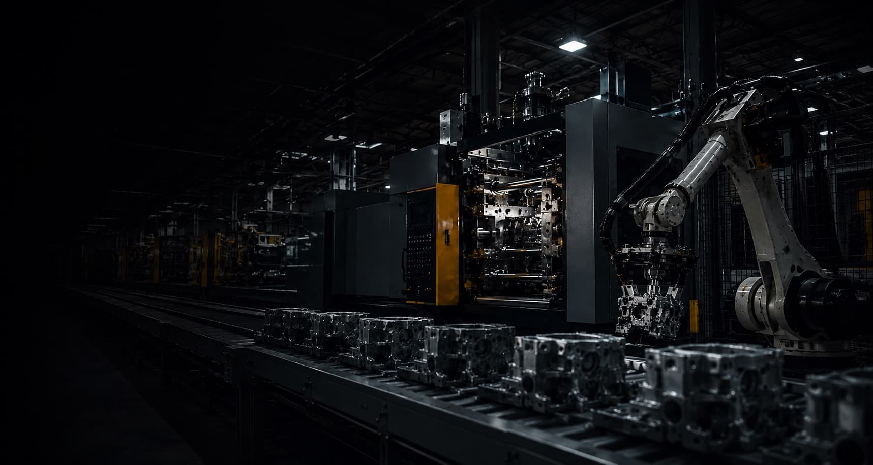 Impianto industriale con bracci robotici e linea automatica